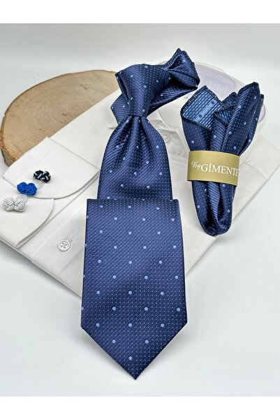 Gutiero Navy Blue Polka Dot Classic Tie with Handkerchief