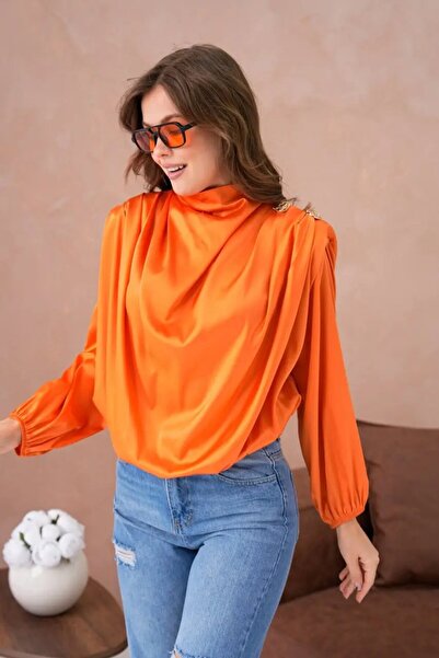 Park Karon Women's Stand Collar Padded Shoulders Button Detail Satin Woven Bl...