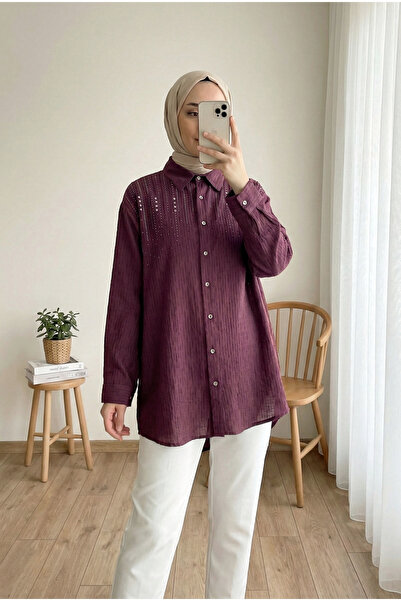 MODAQU Stone Detailed Buttoned Shirt Tunic - Plum