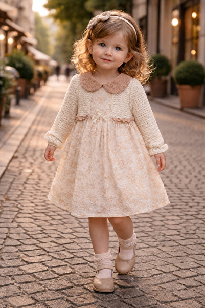 Atlas Baby House Kız Bebek-Çocuk Bebe Yaka Kahverengi Çiçekli Bolerolu Elbise...