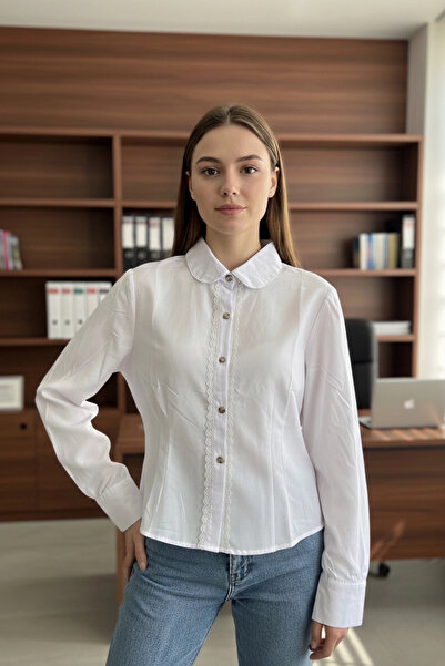 Lusin Women's White Stylish Lace Detailed Slim Fit Shirt