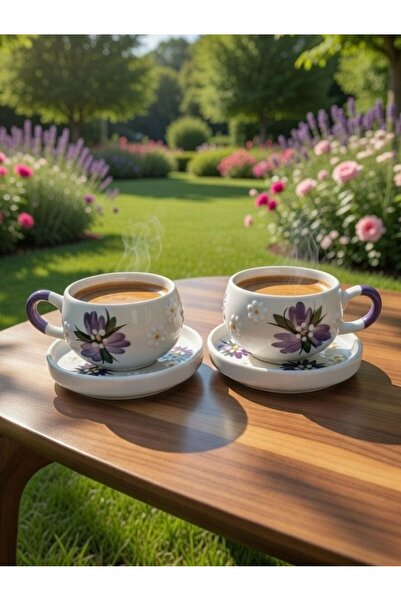 evinbizden MOR MENEKŞE EL YAPIMI SERAMİK FİNCAN TAKIMI 2 KİŞİLİK HEDİYE SUNUM...