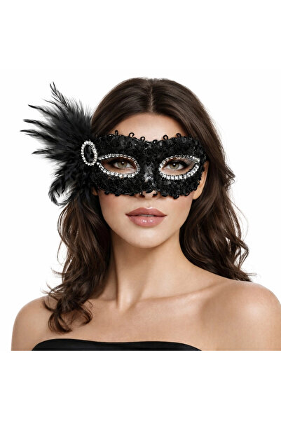 FREEDOM STOREE قناع الحفلات الفينيسي من الحجر الأسود - مزين بالريش والترتر