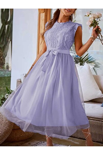 JustFab ✨Lilac Lace Tulle Midi Dress – Sleeveless Elegant Party & Evening Dre...