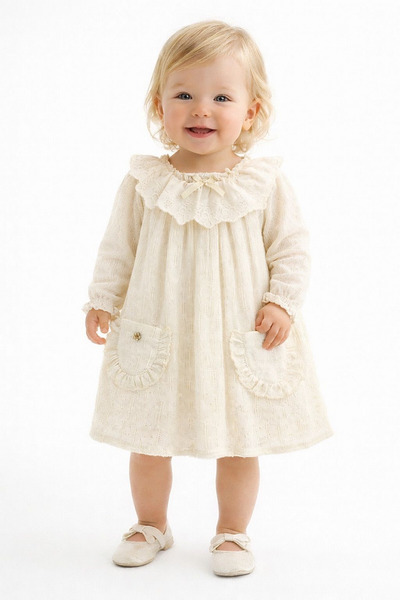 miabambim Elegant Model Baby Girl Dress with Lace Collar Beige