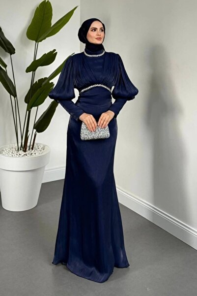 Şulemoda Giyim Duygu Waist Collar Stone Embellished Evening Dress Navy Blue