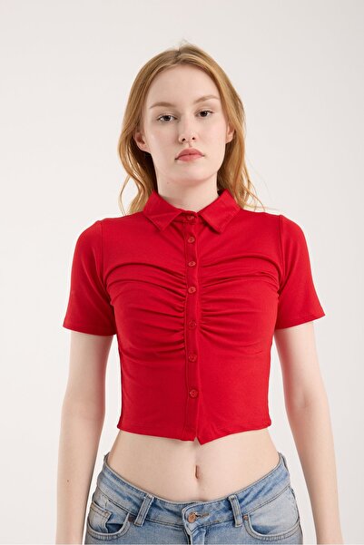 Modazeyosh Women's Gathered Button Detail Blouse