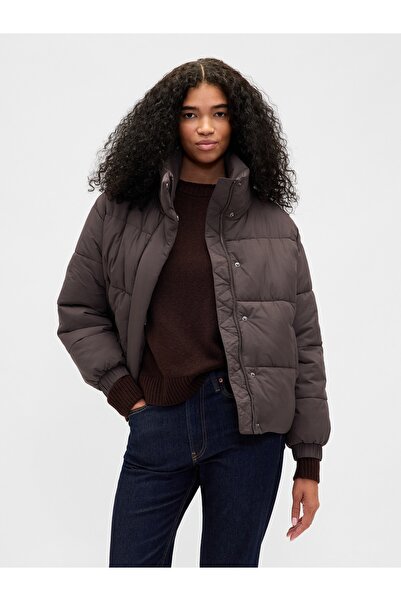 GAP Kadın Koyu Kahverengi Faux Fur-Trim Puffer Şişme Mont