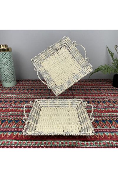 sallat almawasim Large Square Rope Tray White and Silver