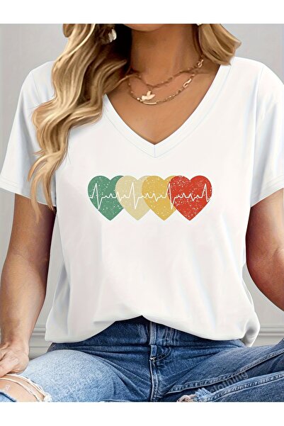 Deocept Mix Heart Printed Women's Sleeveless V-Neck Relaxed Fit T-Shirt