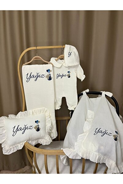 handemnakış tasarım İsimli Nakışlı Müslin 5'lİ Hastane Çıkış Seti -Tulum Şapk...