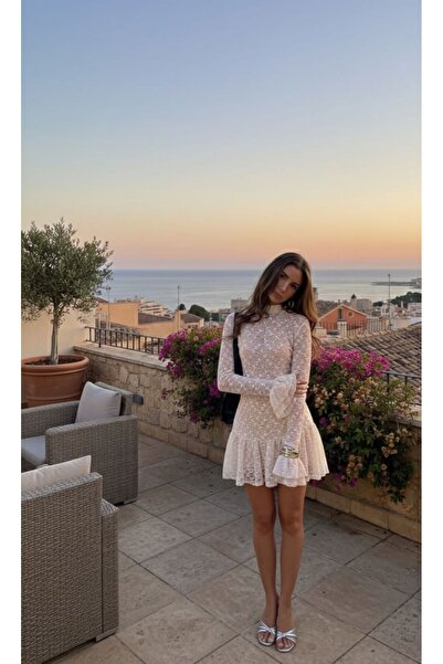 MODAHOBİMİZ Zarif Dantel Detaylı Uzun Kollu Mini Elbise – Kırık Beyaz