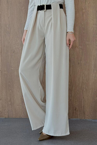 Hazamoda Taba Kmr Detailed Palazzo Trousers Beige