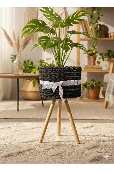 DİĞER1111 Ayaklı Örgü Çiçeklik – Siyah Bohem Dekoratif Standlı Saksı - 25 cm çap