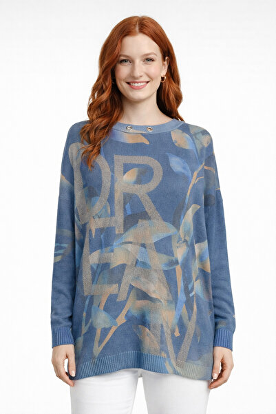 Neden Tekstil Blue Leaf Patterned and Written Oversize Tunic Sweater