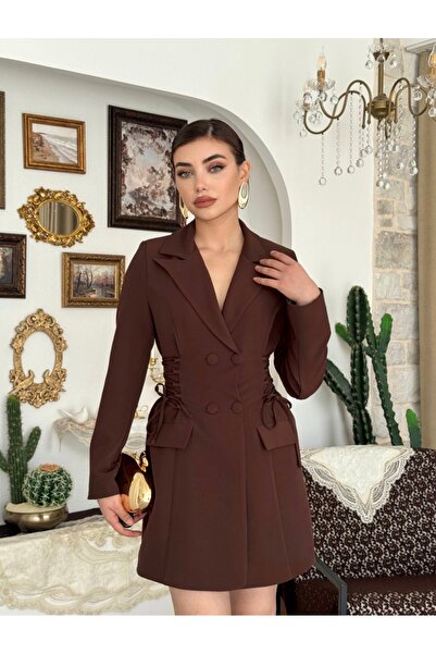 Dilek Vardar Brown Women's Double-Breasted Jacket with Lace Detail Mini Dress