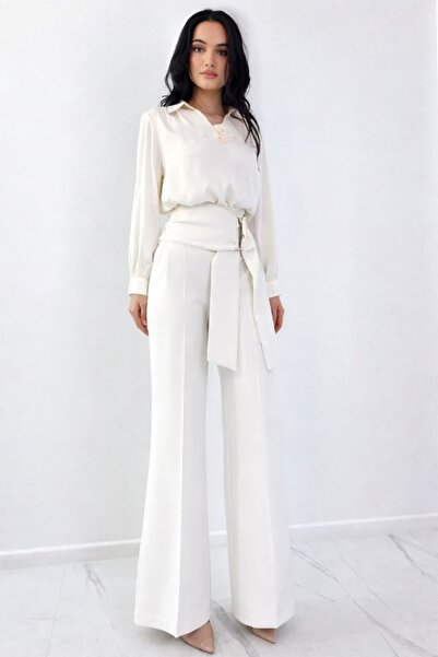 FashionForYou Long pants, flared cut Liora, with metal wrap closure, White, M