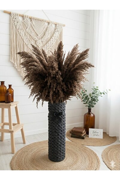 DİĞER1111 Koyu Gri Örgü Yer Vazosu – Kahverengi Pampas Aranjmanlı Bohem Dekor
