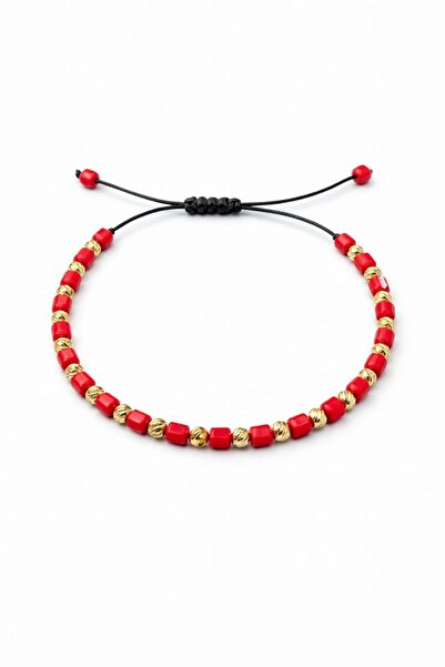 Handmade Bratara reglabila cu bilute rosii si aurii