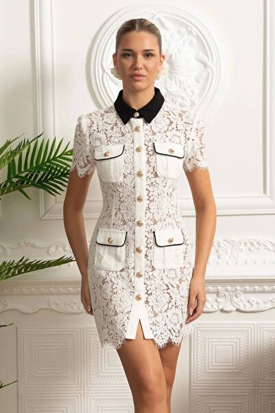 Julidress Black Collar Gold Buttoned Premium Mini Lace Dress with Piping Detail