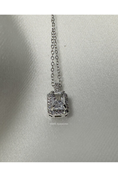 Samu Accessories قلادة هالو فضية مشرقة من الفولاذ مع حجر سوليتير مستطيل الشكل...