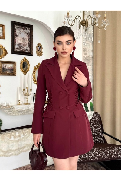 Dilek Vardar Burgundy Women's Double-Breasted Jacket with Lace Detail Mini Dress