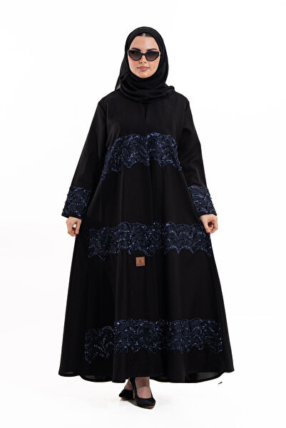 Hasnaa Abaya Bayan Abaya with Crystal Tulle, Navy Blue