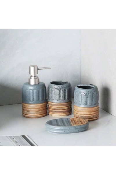 HomeNew Modern ceramic bathroom accessory set - 4 pieces (blue, gray and wood)