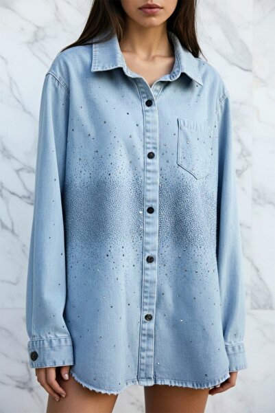 FashionForYou LISBON long denim shirt, with buttons and shiny crystals, Snow ...