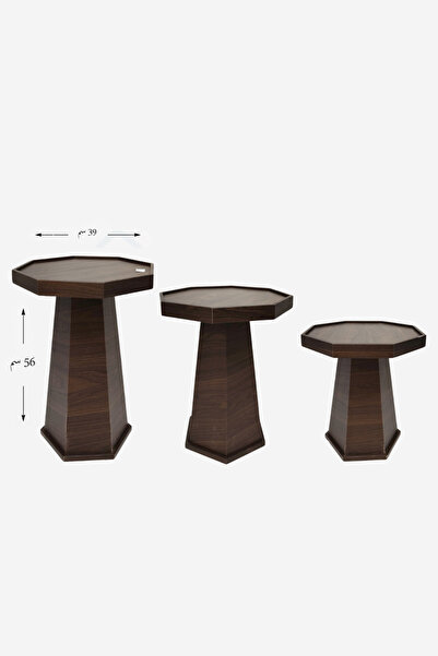 OKAE طقم طاولات خدمة وضيافة خشبية 3 قطع بتصميم ثماني هندسي خشب بني داكن بالكا...