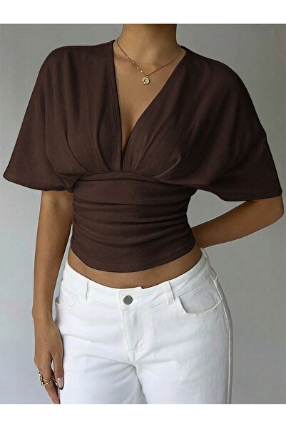 meren like your style Women's Double-Breasted V-Neck Gathered Crop Blouse – H...