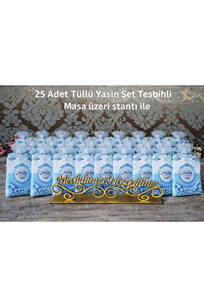 SHR tasarım 25 Adet isme özel Mavi Tüllü Tesbihli Yasin Mevlüt Seti – Masa Üz...