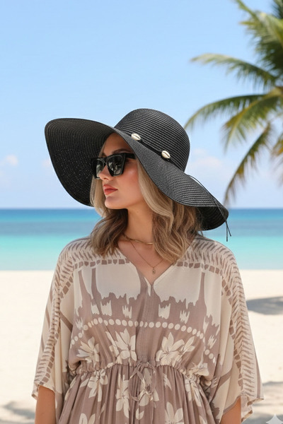 Ritagarcia قبعة شاطئ نسائية من القش بتفاصيل على شكل صدفة البحر