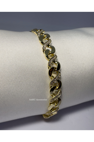 Samu Accessories Yarı Taşlı Gurmet Örgü Çelik Bileklik - Golden Woven Pave Cu...