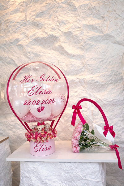 BALONADAIRSTUDIO Kişiye Özel Balonlu Hoş Geldin Bebek Aranjmanı & Pleksi Çiçe...