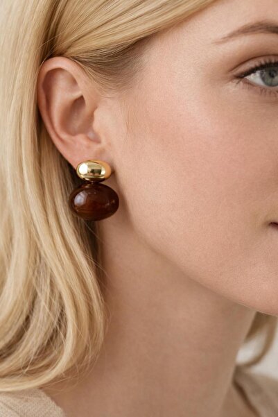 BESTYSO Kadın Gold-Kahverengi Top Küpe