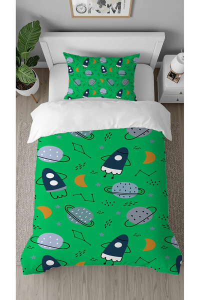 GREENDECOR طقم سرير للأطفال بتصميم خاص مطبوع رقميًا بنمط فضائي لرائد الفضاء، ...