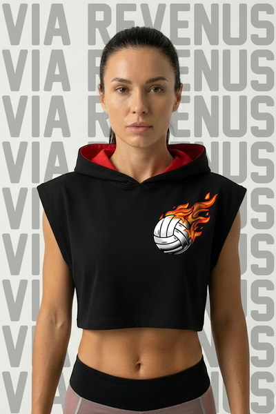 Vordevia Γυναικείο αθλητικό κροπ με κουκούλα και στάμπα βόλεϊ