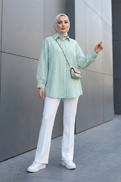 MODAQU Striped Linen Shirt - Green