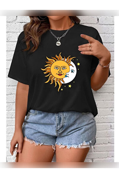 TİMİSİVA Unisex Oversized Sanatsal Printed Crew Neck Short Sleeve Black T-Shirt