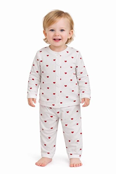 Hümazade Kırmızı Kalpli Önden Çıt Çıtlı Pijama Takımı