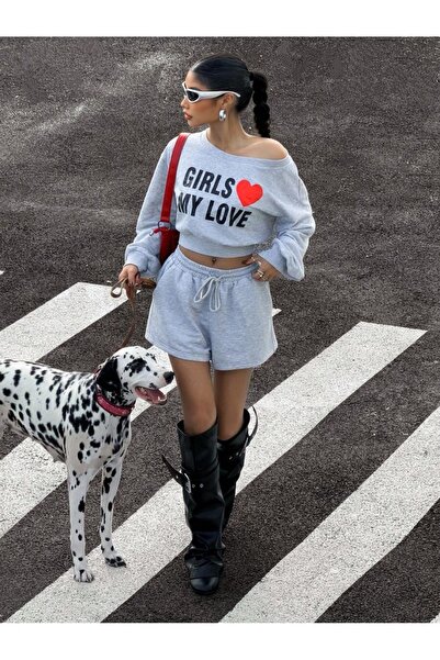 OVER HEAD Women's Girls My Love Printed Asymmetrical Collar Crop Sweatshirt