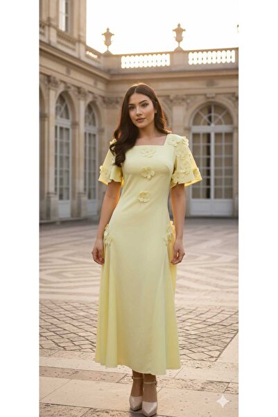 tasmim kian Lemon yellow floral midi dress
