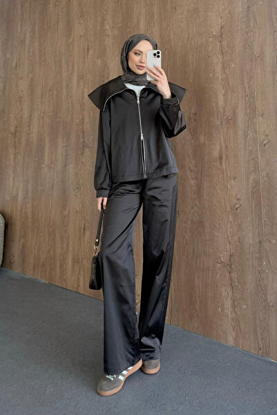 Hazamoda Rabia Shawl Detail Satin Set Bitter Brown