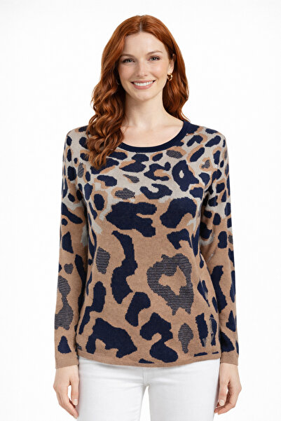 Neden Tekstil Kahverengi Siyah Leopar Desenli Kayık Yaka Kazak