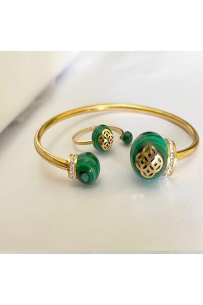 Generic Malachite Gemstone Cuff Bracelet, Gold Tone, Rhinestones, Matching Ring
