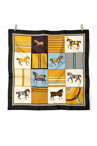 AGAPI Horse Patterned Satin Scarf – Black Orange Stylish Women's Scarf