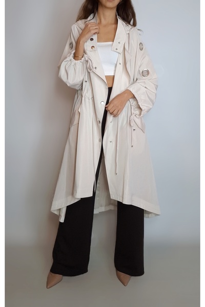 oyagüler Women's Cream Color Bird Eye Detail Lined Hooded Lace-Up Raincoat Wi...