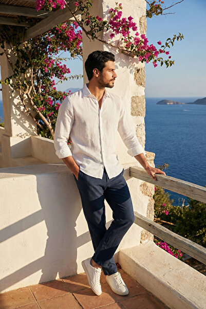 Buratti Linen Regular Fit Normal Waist Straight Leg Trousers Men's Pants Cf26...