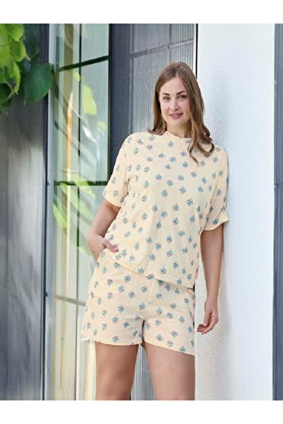 Aydoğan Women's Yellow Ice Cream Patterned Shorts Pajama Set 100% Cotton Home...